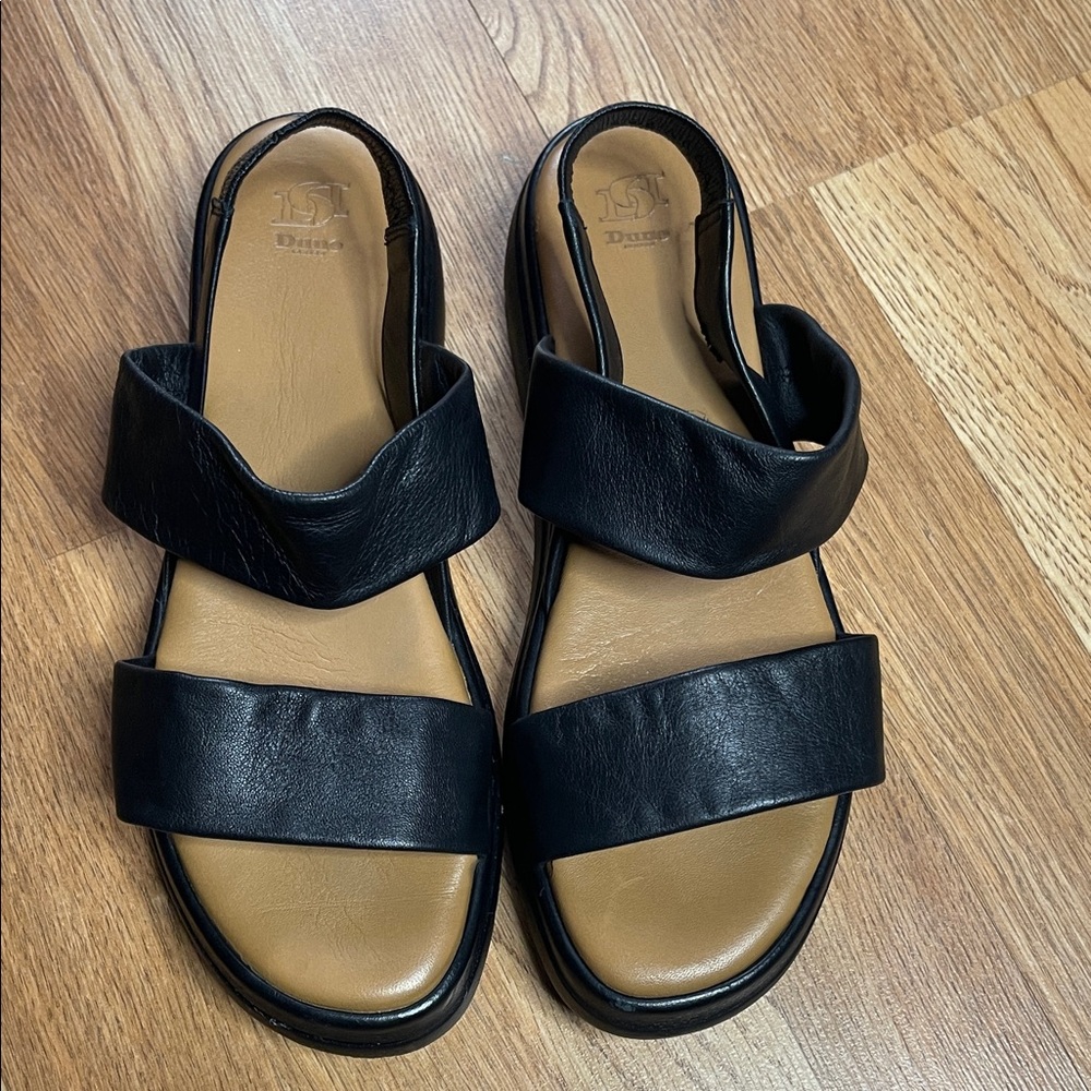Dune London Black Leather Double-Strap Slingback Sandals with Tan Footbed